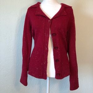 Long sleeved red speckled button down sweater/cardigan.